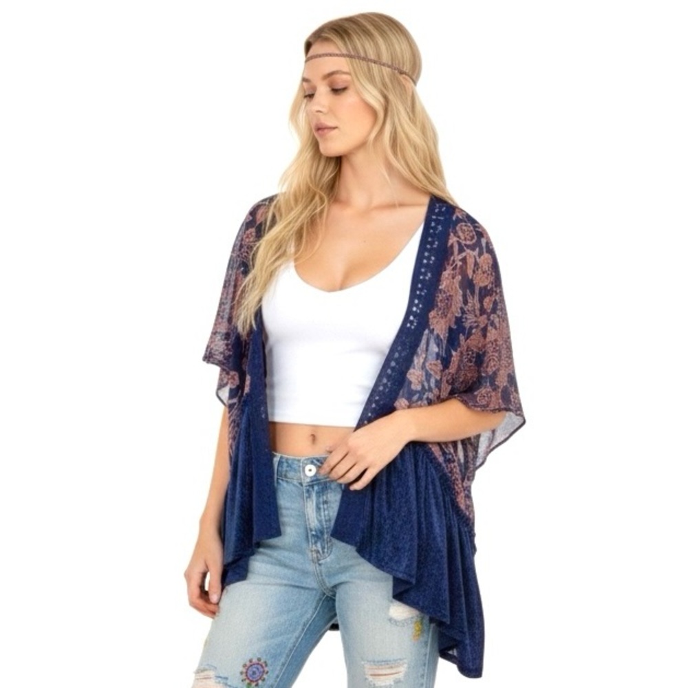 Boho Kimono Top Navy Velvet & Sheer Floral